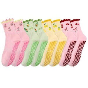 4 Pairs Women Non-Slip Yoga Socks Cute Ruffle Grippy Socks for Pilates Barre